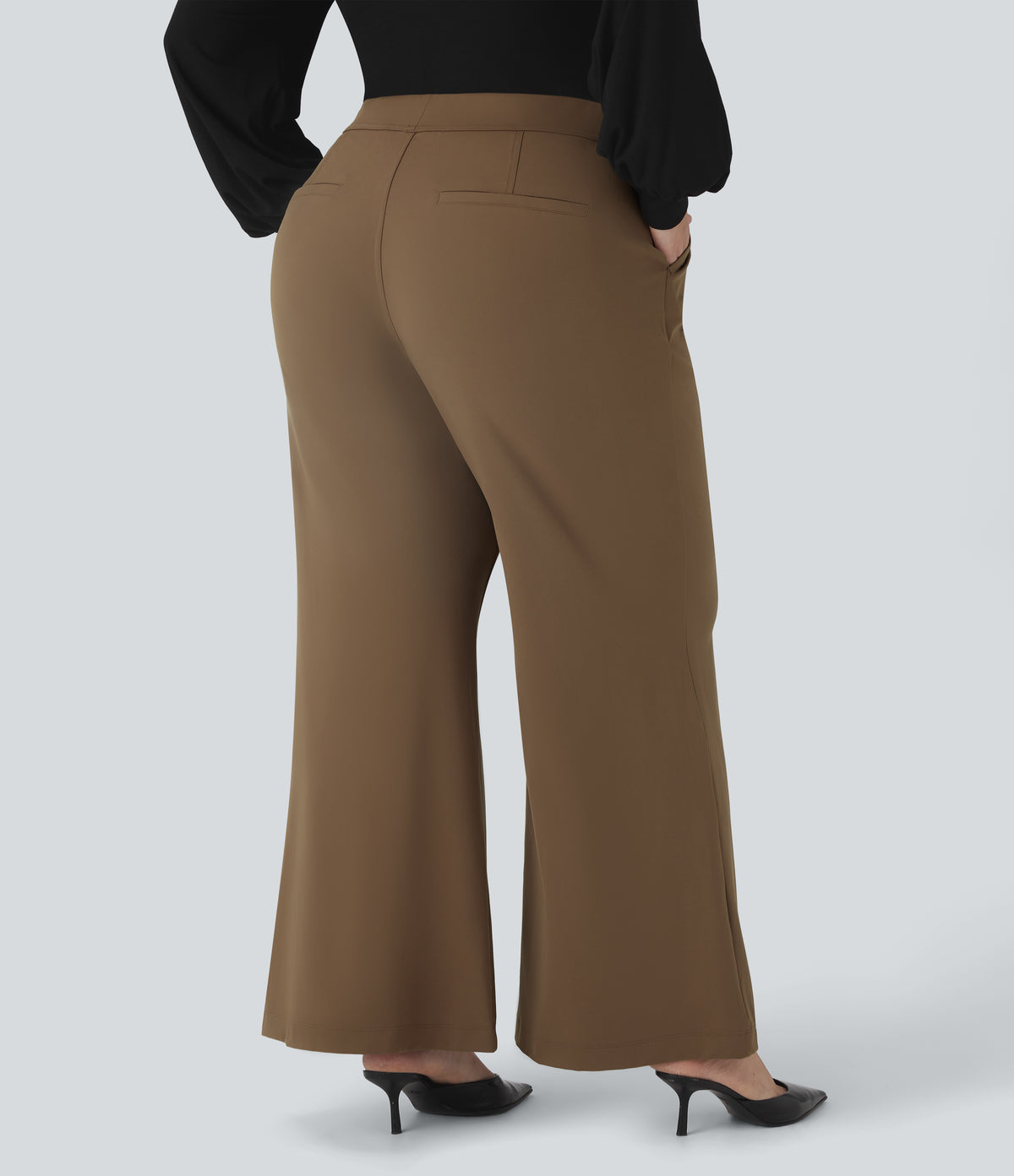 High Waisted Work Plus Size Flared Trousers with Pockets — Sepia — view 2