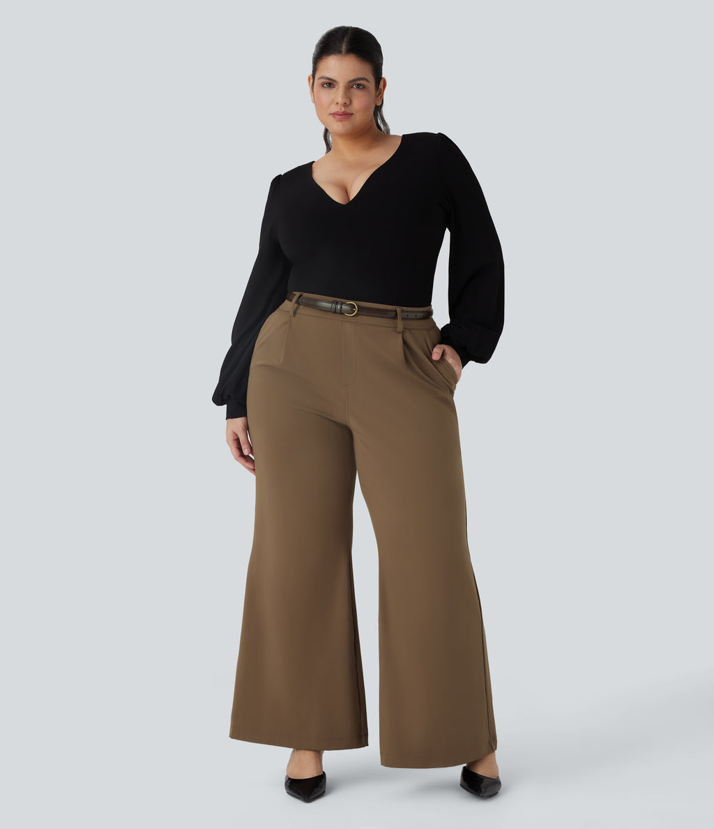 High Waisted Work Plus Size Flared Trousers with Pockets — Sepia — view 6