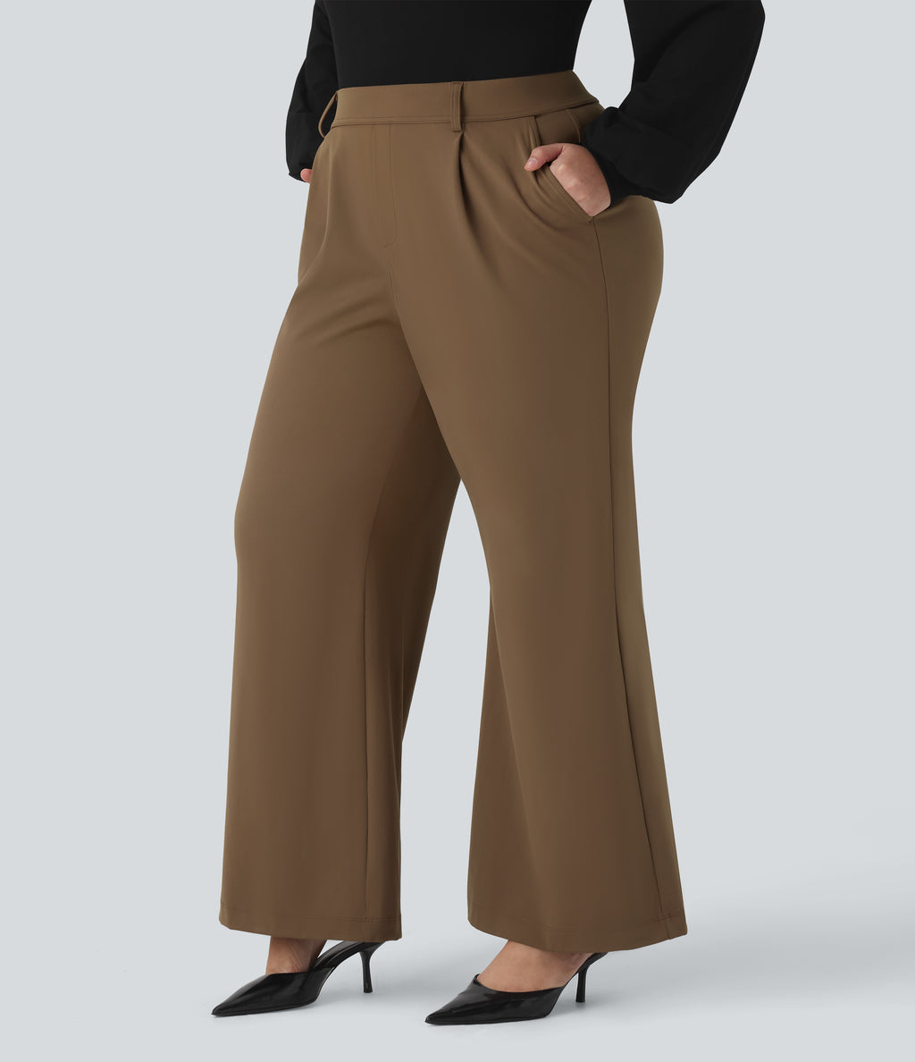 High Waisted Work Plus Size Flared Trousers with Pockets — Sepia — view 1