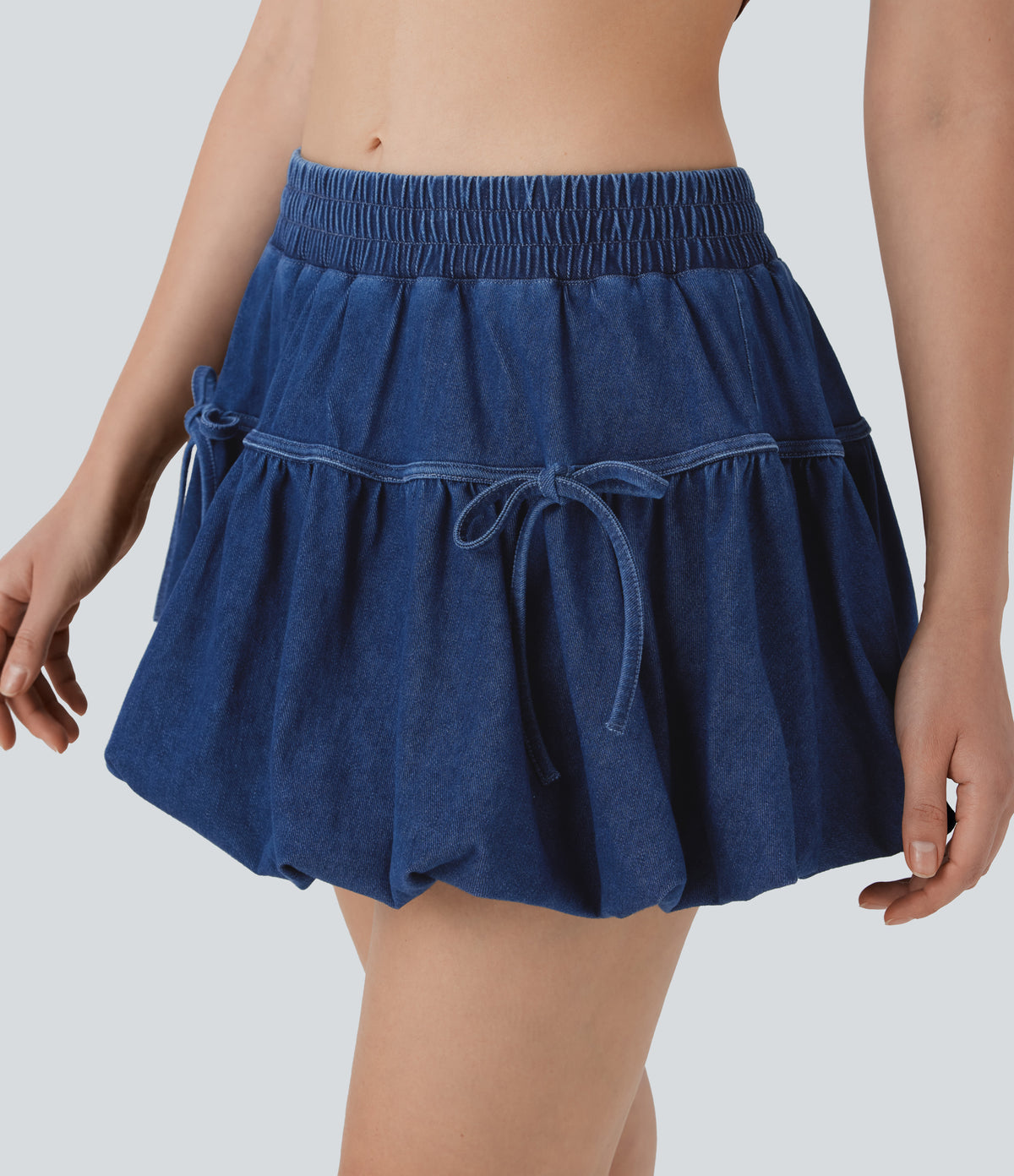 Mid Rise Bow 2-in-1 Mini Washed Denim Casual Bubble Skirt — Astral Denim — view 5