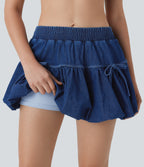 Mid Rise Bow 2-in-1 Mini Washed Denim Casual Bubble Skirt — Astral Denim — view 4