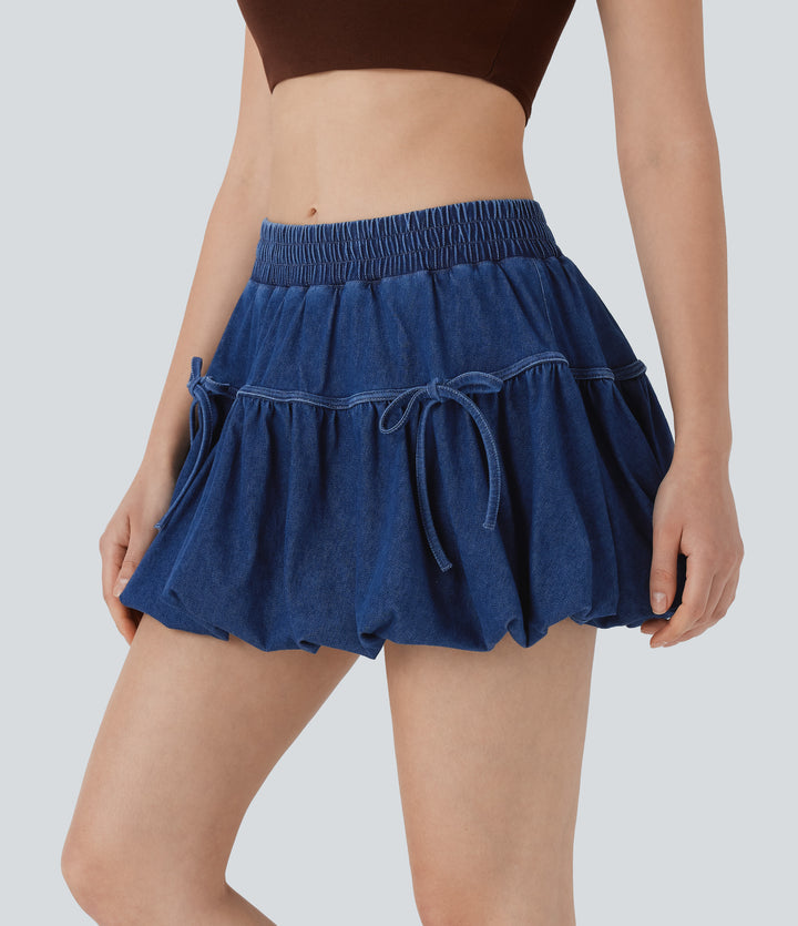 Mid Rise Bow 2-in-1 Mini Washed Denim Casual Bubble Skirt — Astral Denim — view 1