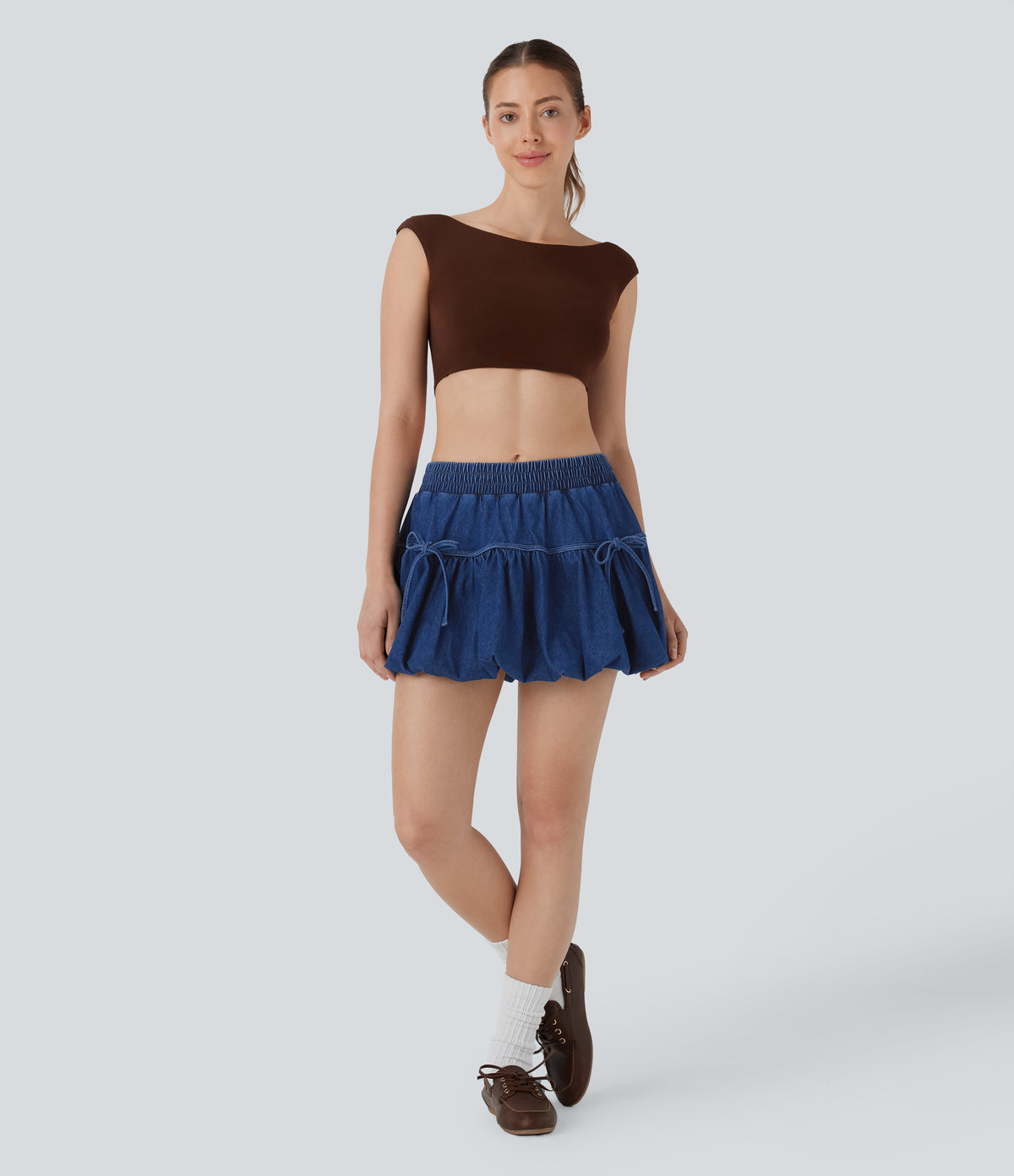 Mid Rise Bow 2-in-1 Mini Washed Denim Casual Bubble Skirt — Astral Denim — view 6
