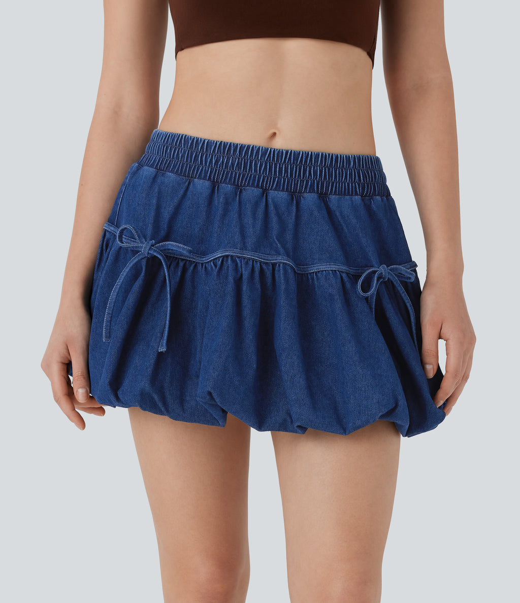 Mid Rise Bow 2-in-1 Mini Washed Denim Casual Bubble Skirt — Astral Denim — view 2