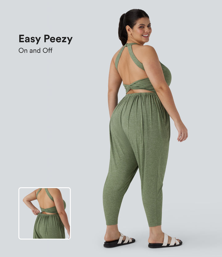 Harem Casual Plus Size Jumpsuit with Pocket-Edition — Light Green Floral Yarn — view 1