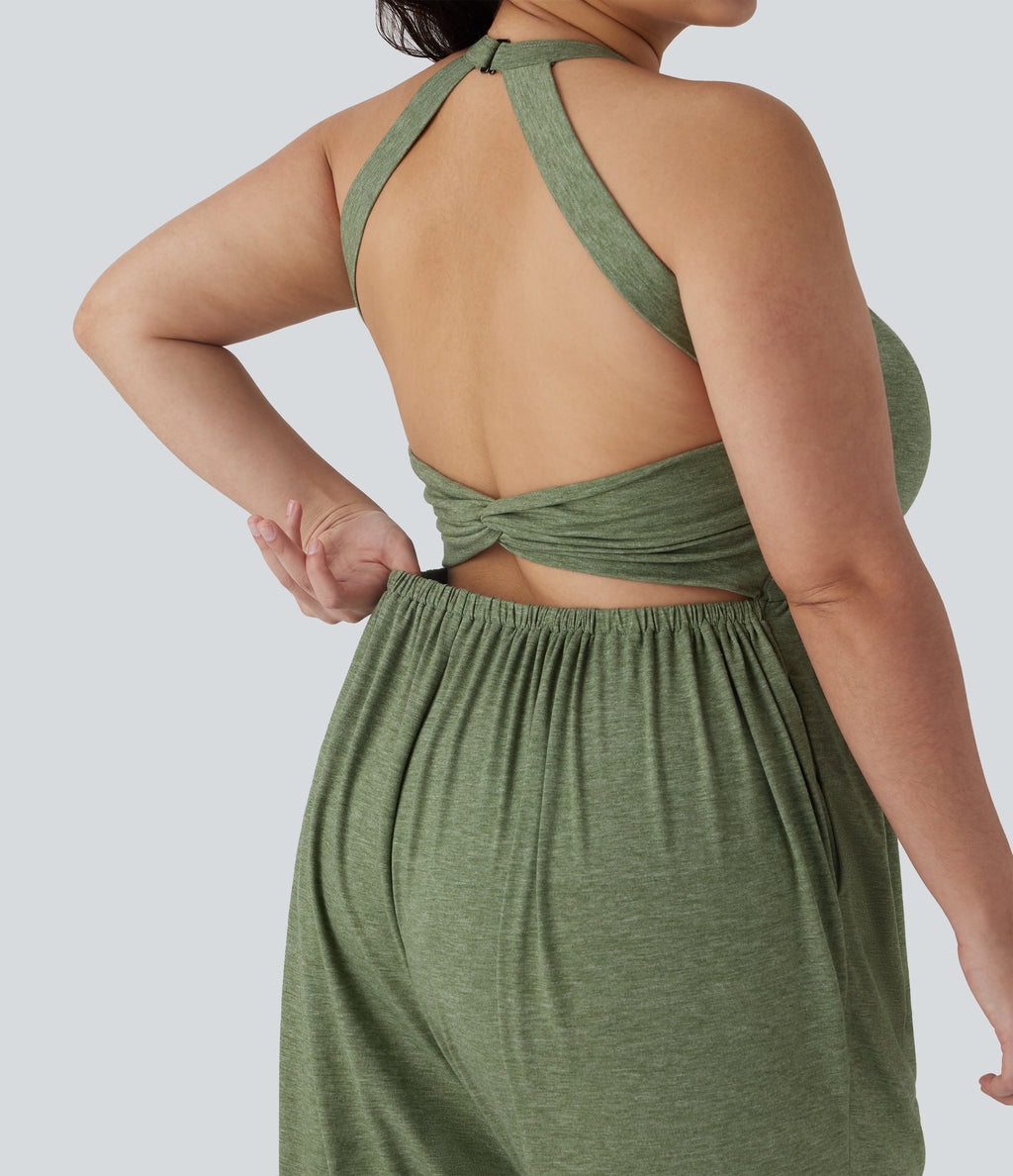 Harem Casual Plus Size Jumpsuit with Pocket-Edition — Light Green Floral Yarn — view 4