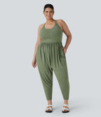 Harem Casual Plus Size Jumpsuit with Pocket-Edition — Light Green Floral Yarn — view 2