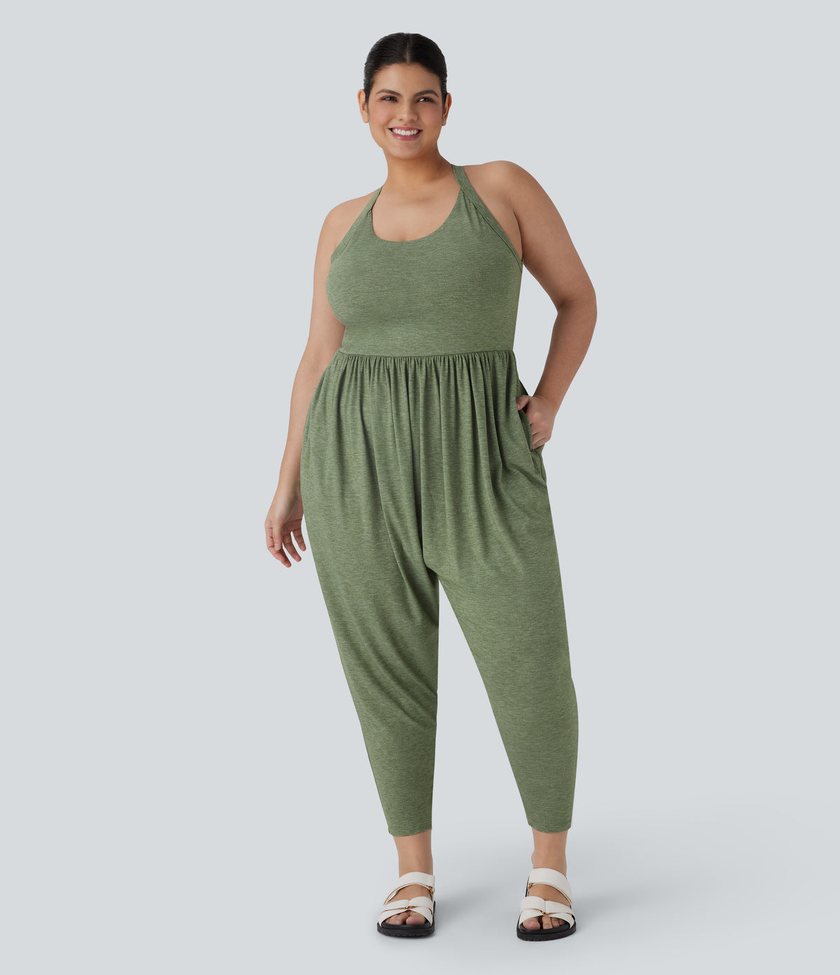 Harem Casual Plus Size Jumpsuit with Pocket-Edition — Light Green Floral Yarn — view 2