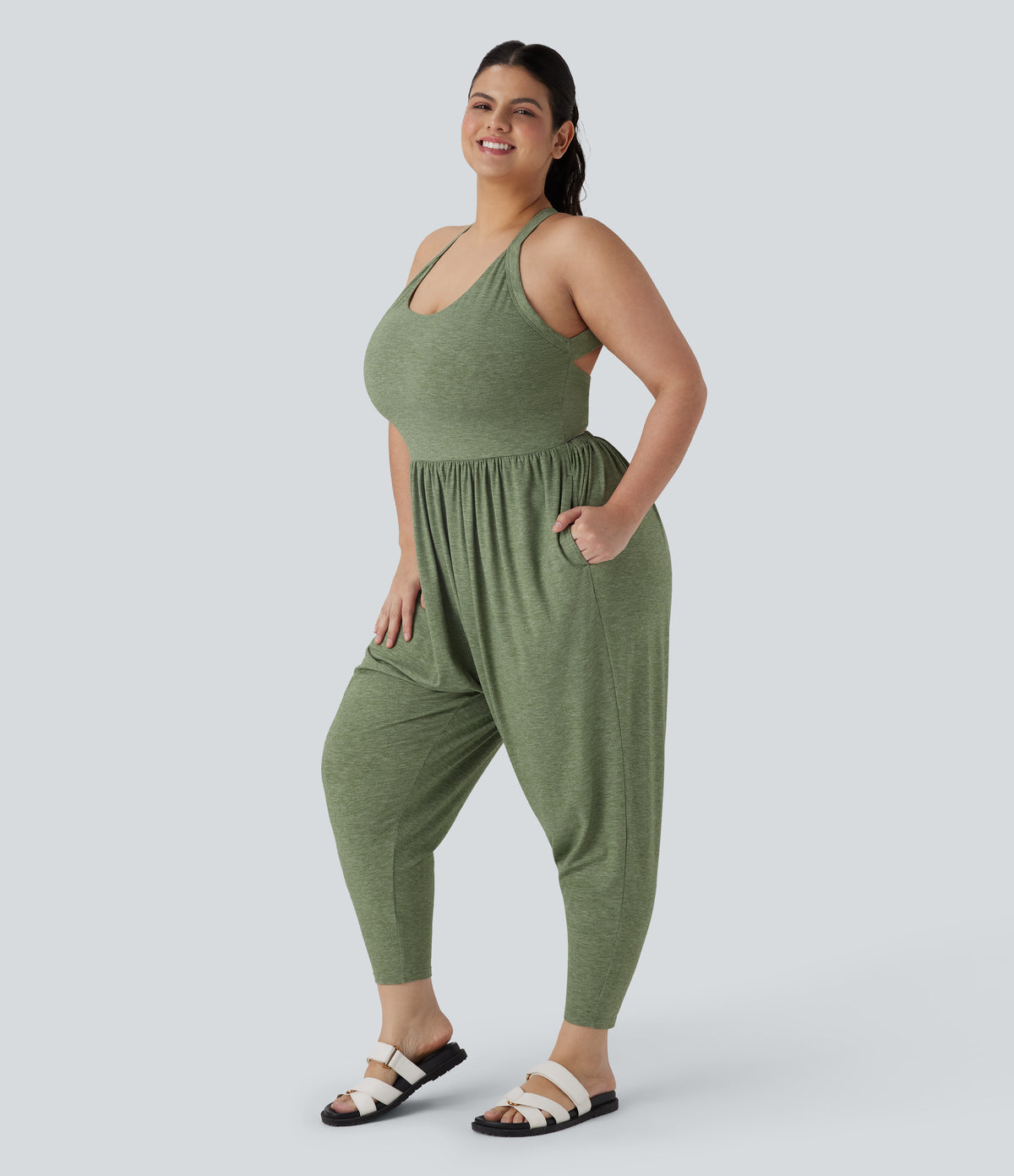 Harem Casual Plus Size Jumpsuit with Pocket-Edition — Light Green Floral Yarn — view 3