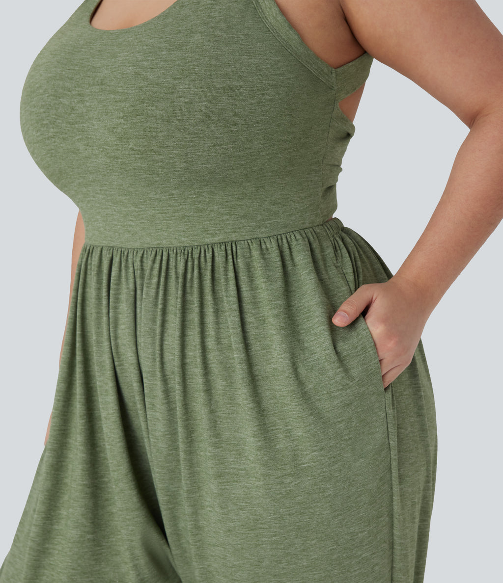 Harem Casual Plus Size Jumpsuit with Pocket-Edition — Light Green Floral Yarn — view 7