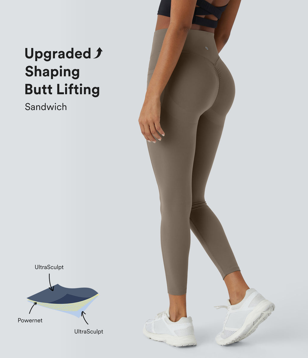 High Waisted Scrunch Butt Lifting Tummy Control Shaping Training Leggings with Pockets — Dawn Brown — view 1