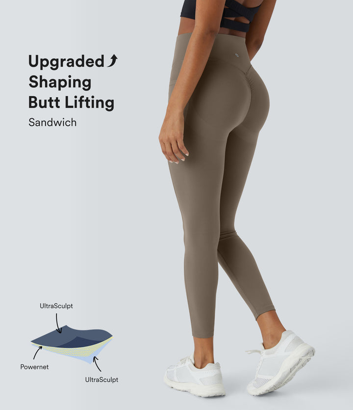 High Waisted Scrunch Butt Lifting Tummy Control Shaping Training Leggings with Pockets — Dawn Brown — view 1