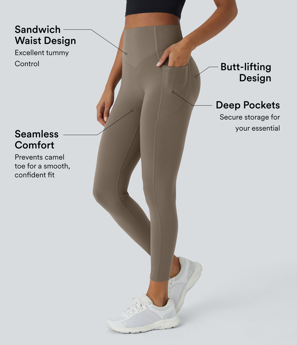 High Waisted Scrunch Butt Lifting Tummy Control Shaping Training Leggings with Pockets — Dawn Brown — view 2