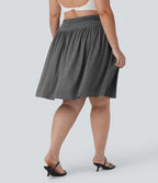 High Waisted Ruched Flowy Resort Plus Size Skirt with Pockets — Darl Gray Floral Yarn — view 2