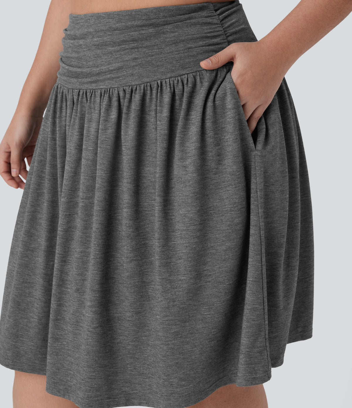 High Waisted Ruched Flowy Resort Plus Size Skirt with Pockets — Darl Gray Floral Yarn — view 4