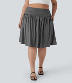 High Waisted Ruched Flowy Resort Plus Size Skirt with Pockets — Darl Gray Floral Yarn — view 1