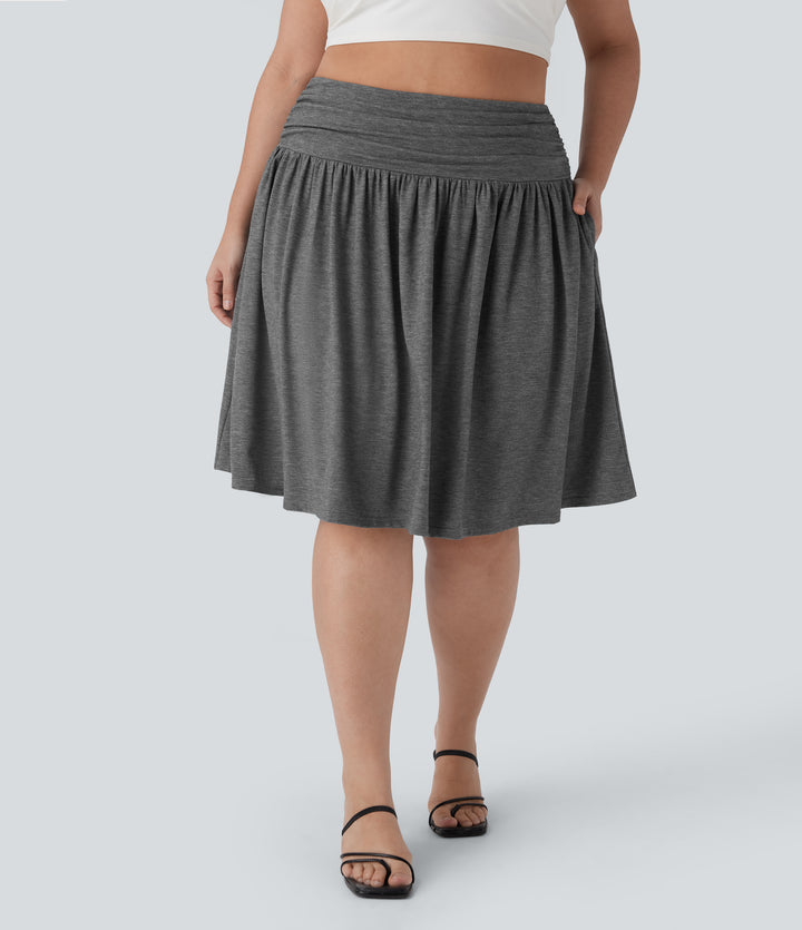 High Waisted Ruched Flowy Resort Plus Size Skirt with Pockets — Darl Gray Floral Yarn — view 1