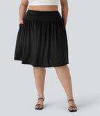 High Waisted Ruched Flowy Resort Plus Size Skirt with Pockets — Black — view 6