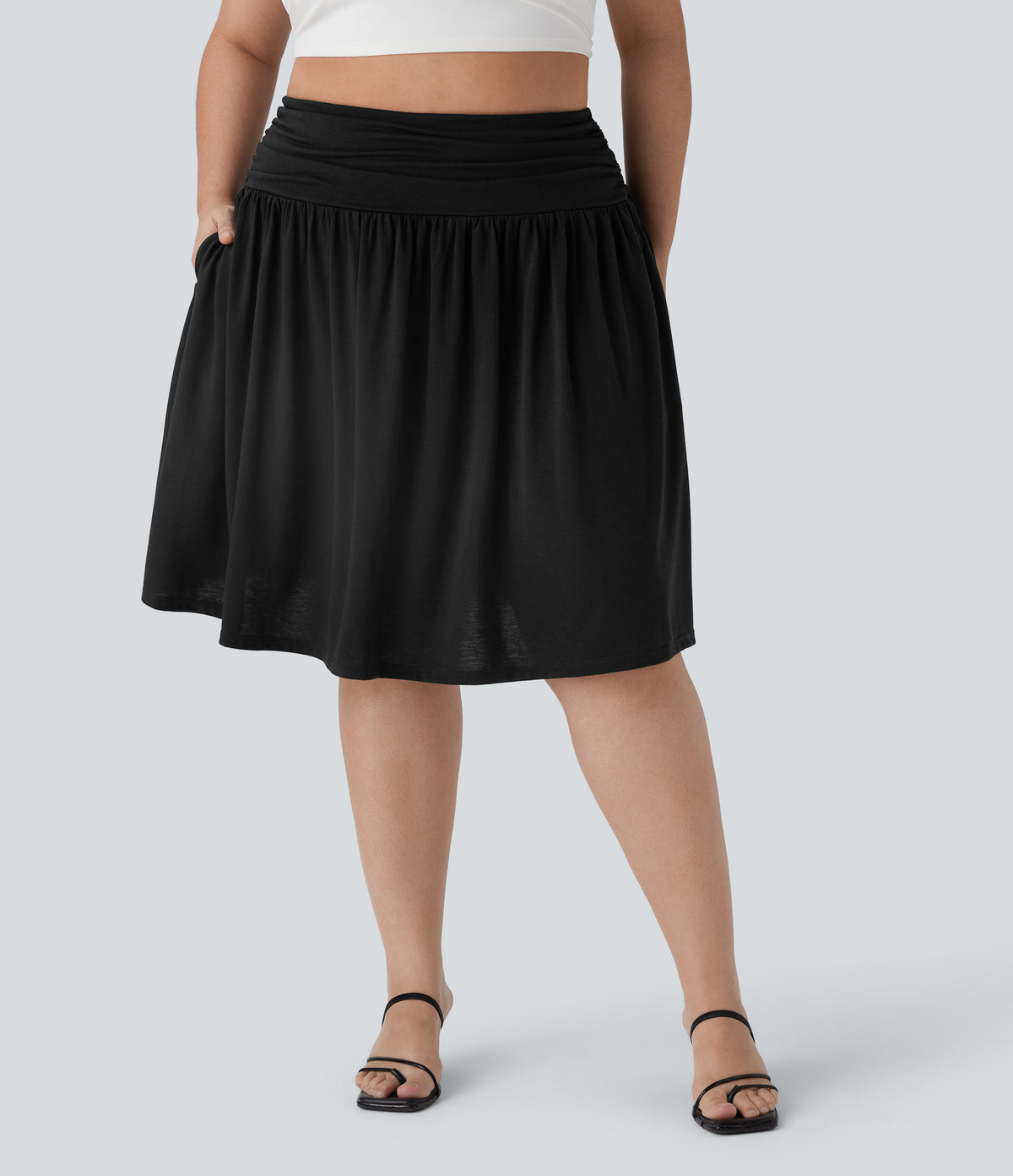 High Waisted Ruched Flowy Resort Plus Size Skirt with Pockets — Black — view 6