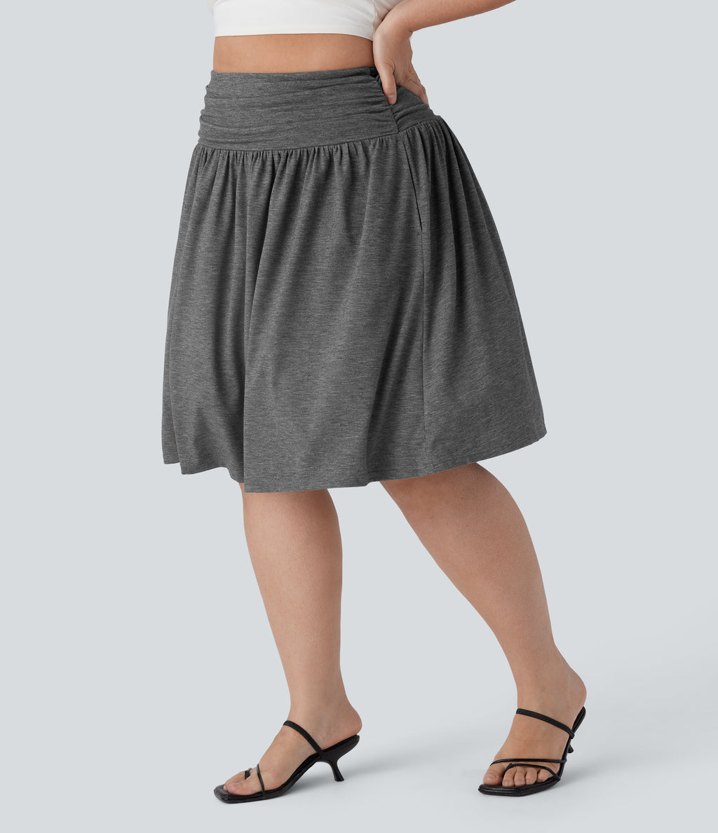 High Waisted Ruched Flowy Resort Plus Size Skirt with Pockets — Darl Gray Floral Yarn — view 3