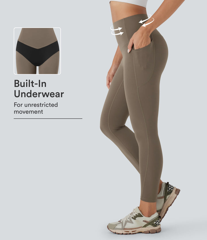 High Waisted Tummy Control Built-in Underwear Shaping 7/8 Workout Leggings with Pockets — Dawn Brown — view 1
