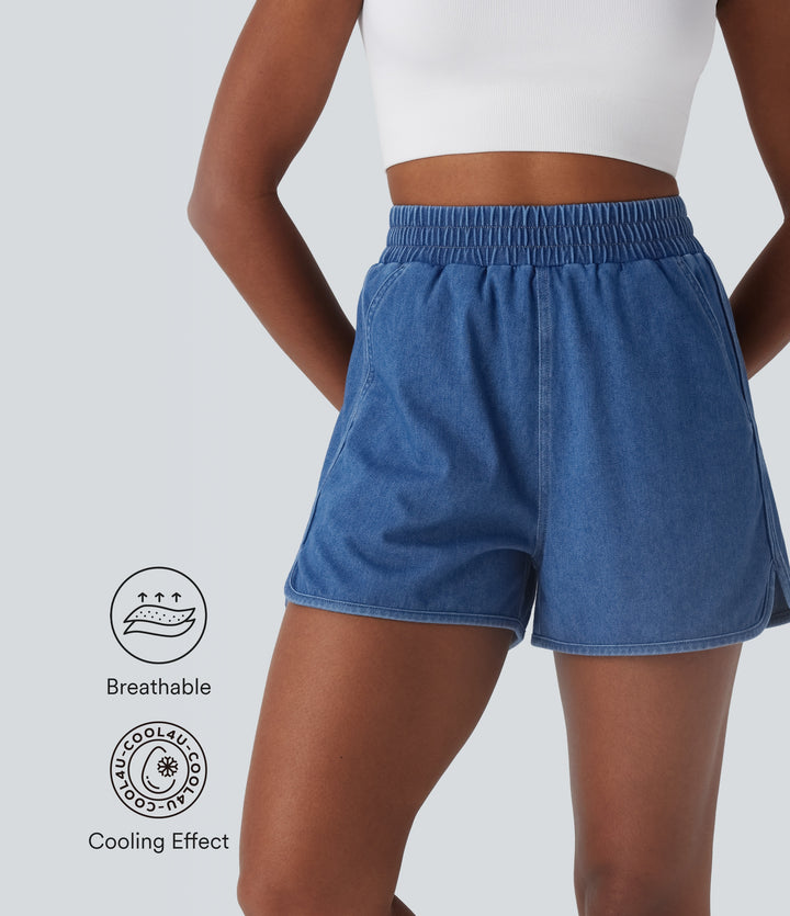 High Waisted Curved Hem Washed Denim Casual Shorts with Pockets — Indigo Mid Blue Denim — view 1