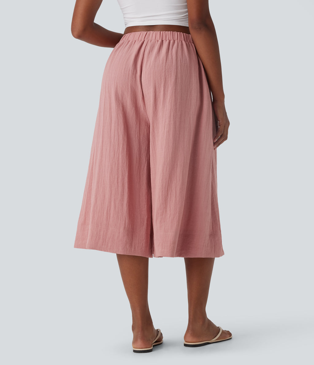 Mid Rise Wide Leg Flowy Linen-Feel Trousers with Pocket — Rosette — view 2
