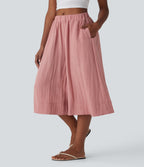 Mid Rise Wide Leg Flowy Linen-Feel Trousers with Pocket — Rosette — view 3