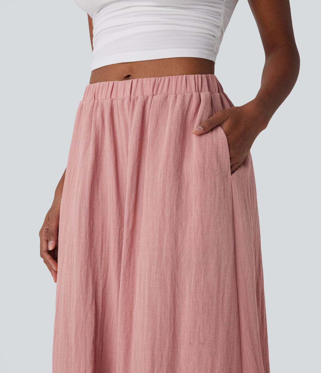 Mid Rise Wide Leg Flowy Linen-Feel Trousers with Pocket — Rosette — view 4