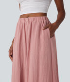 Mid Rise Wide Leg Flowy Linen-Feel Trousers with Pocket — Rosette — view 4