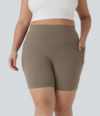 High Waisted Tummy Control Shaping Training Plus Size Biker Shorts 7'' with Pocket — Dawn Brown — view 4
