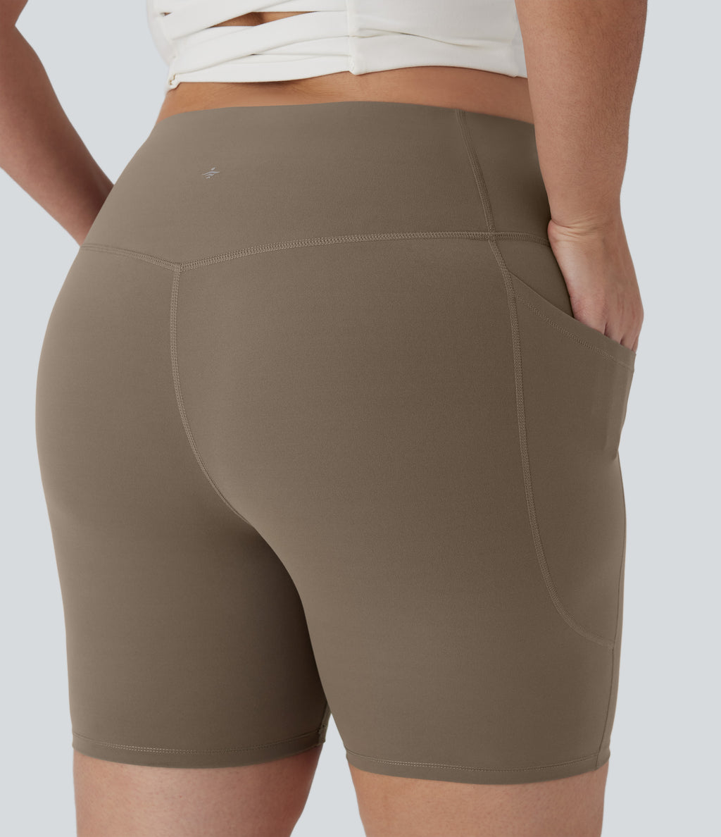 High Waisted Tummy Control Shaping Training Plus Size Biker Shorts 7'' with Pocket — Dawn Brown — view 5