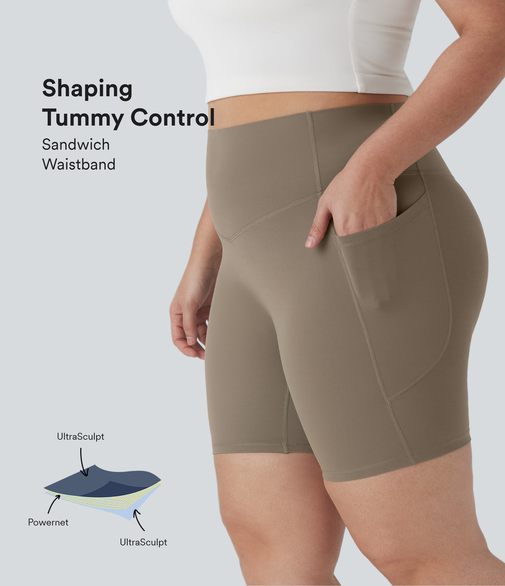 High Waisted Tummy Control Shaping Training Plus Size Biker Shorts 7'' with Pocket — Dawn Brown — view 1