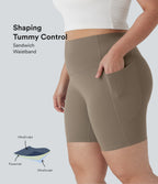 High Waisted Tummy Control Shaping Training Plus Size Biker Shorts 7'' with Pocket — Dawn Brown — view 1