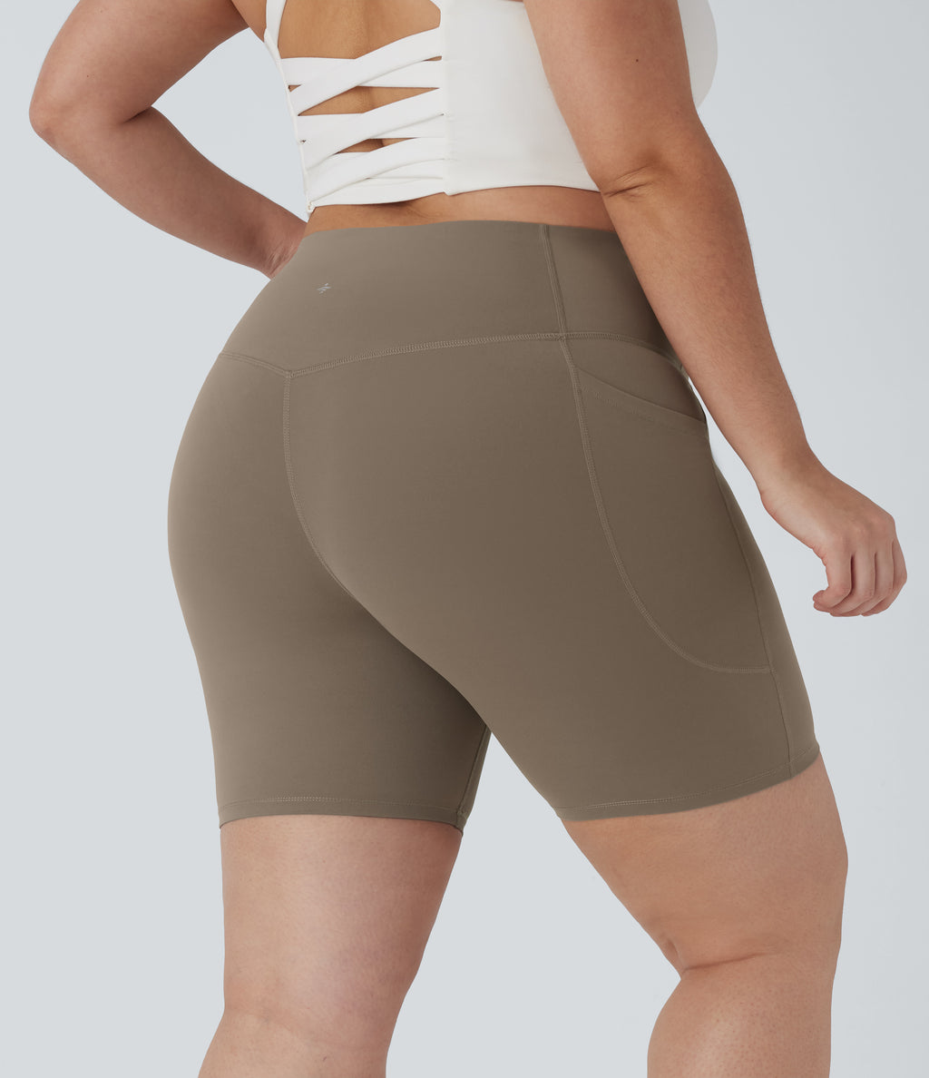 High Waisted Tummy Control Shaping Training Plus Size Biker Shorts 7'' with Pocket — Dawn Brown — view 3