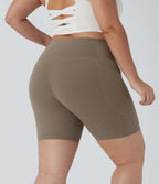 High Waisted Tummy Control Shaping Training Plus Size Biker Shorts 7'' with Pocket — Dawn Brown — view 3
