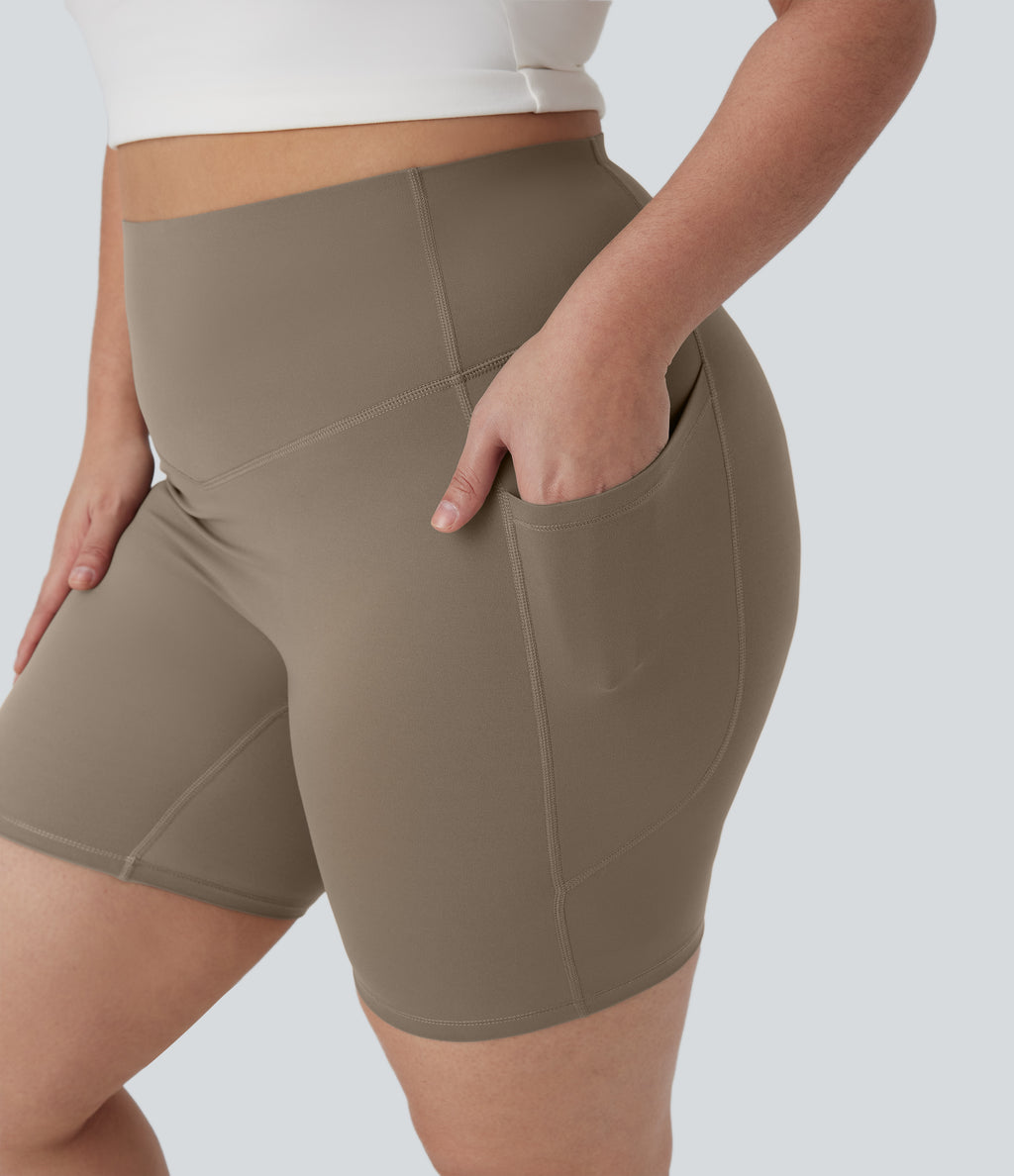 High Waisted Tummy Control Shaping Training Plus Size Biker Shorts 7'' with Pocket — Dawn Brown — view 6