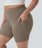 High Waisted Tummy Control Shaping Training Plus Size Biker Shorts 7'' with Pocket — Dawn Brown — view 6