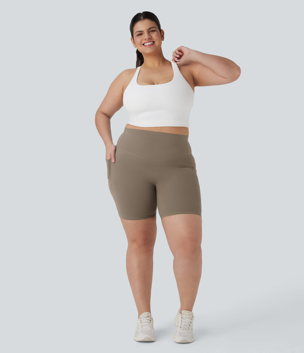 High Waisted Tummy Control Shaping Training Plus Size Biker Shorts 7'' with Pocket — Dawn Brown — view 7