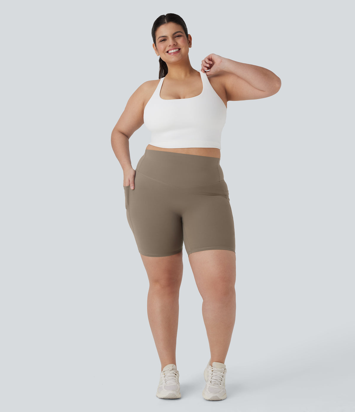 High Waisted Tummy Control Shaping Training Plus Size Biker Shorts 7'' with Pocket — Dawn Brown — view 7
