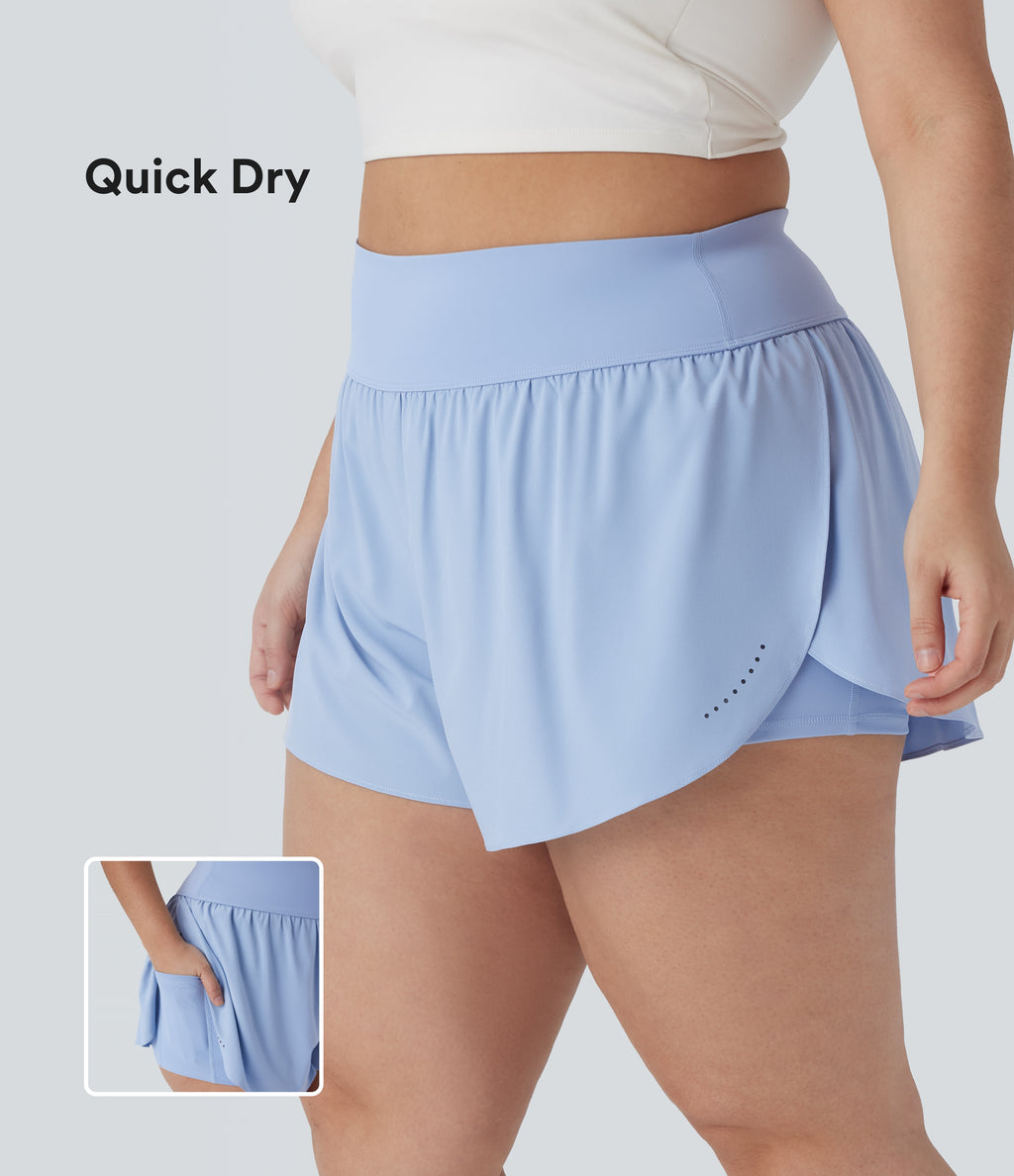 QuickDry High Waisted Reflective Dots Crossover Hem 2-in-1 Running Plus Size Shorts with Pockets — Sky Blue — view 1