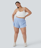QuickDry High Waisted Reflective Dots Crossover Hem 2-in-1 Running Plus Size Shorts with Pockets — Sky Blue — view 7