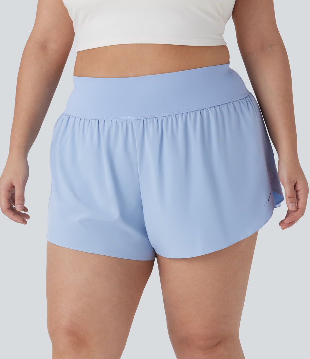 QuickDry High Waisted Reflective Dots Crossover Hem 2-in-1 Running Plus Size Shorts with Pockets — Sky Blue — view 3