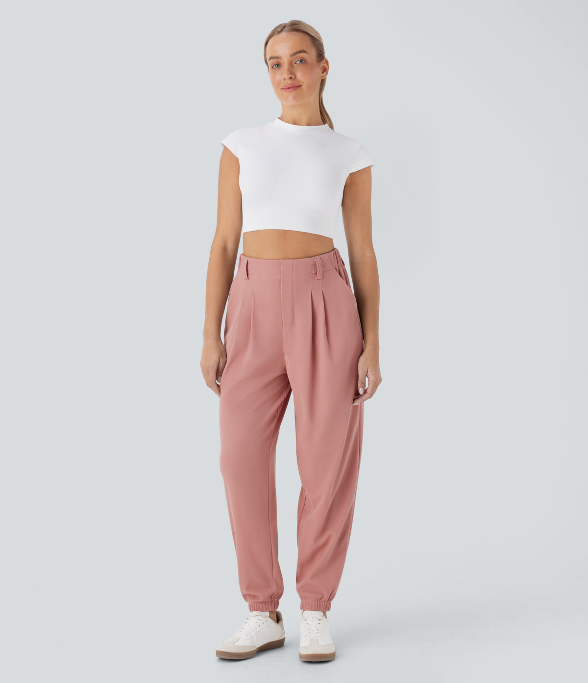 High Waisted Tapered Waffle Casual Joggers with Side Pocket — Rose Tan — view 7