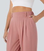 High Waisted Tapered Waffle Casual Joggers with Side Pocket — Rose Tan — view 5
