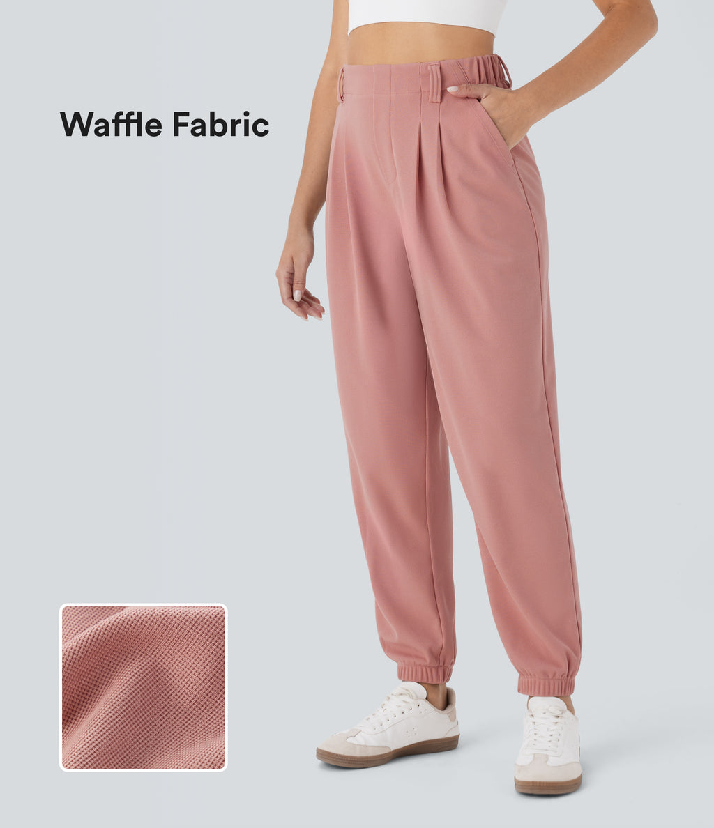 High Waisted Tapered Waffle Casual Joggers with Side Pocket — Rose Tan — view 1