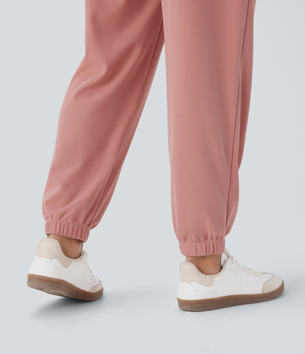 High Waisted Tapered Waffle Casual Joggers with Side Pocket — Rose Tan — view 6