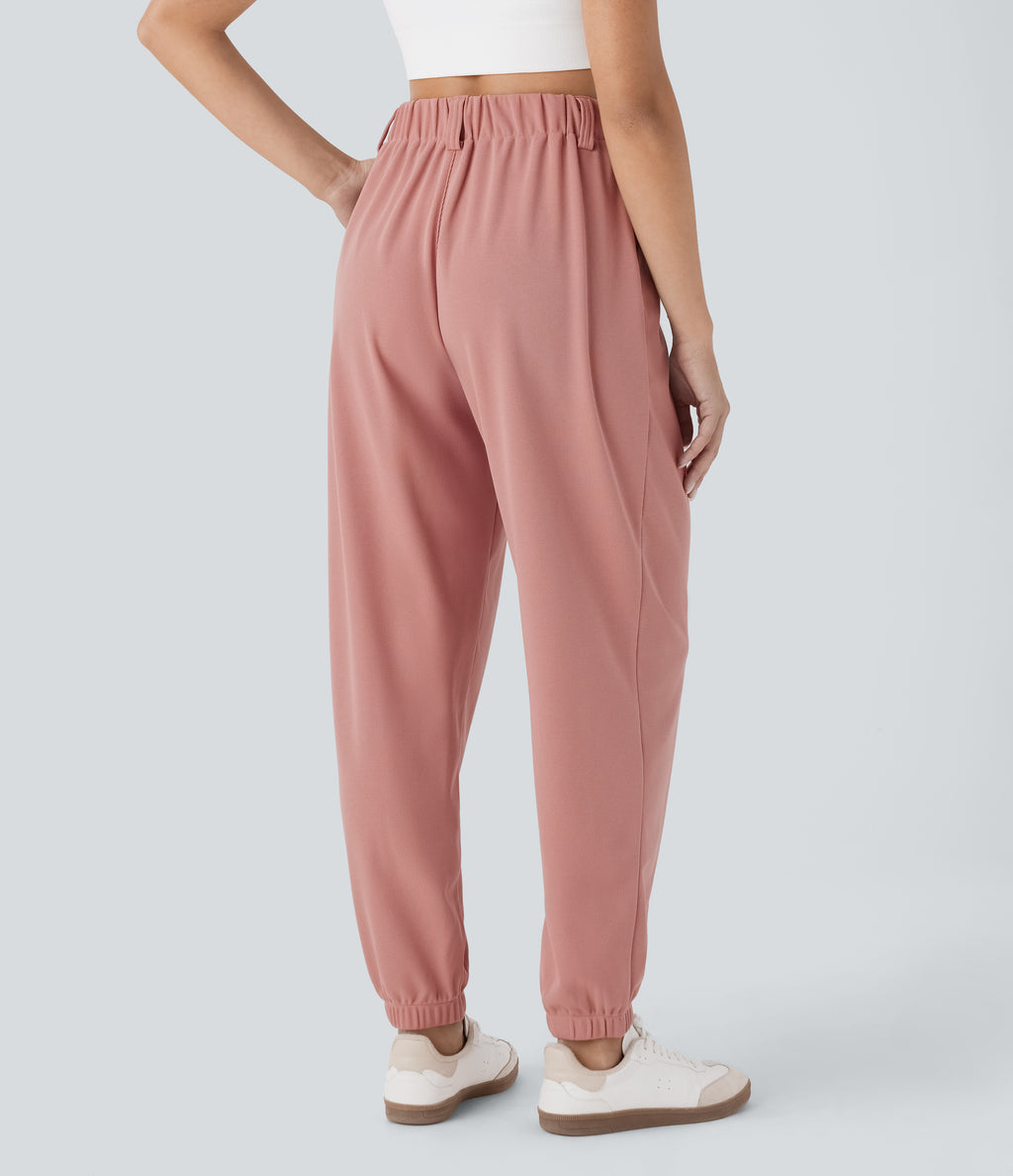 High Waisted Tapered Waffle Casual Joggers with Side Pocket — Rose Tan — view 2