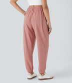 High Waisted Tapered Waffle Casual Joggers with Side Pocket — Rose Tan — view 2