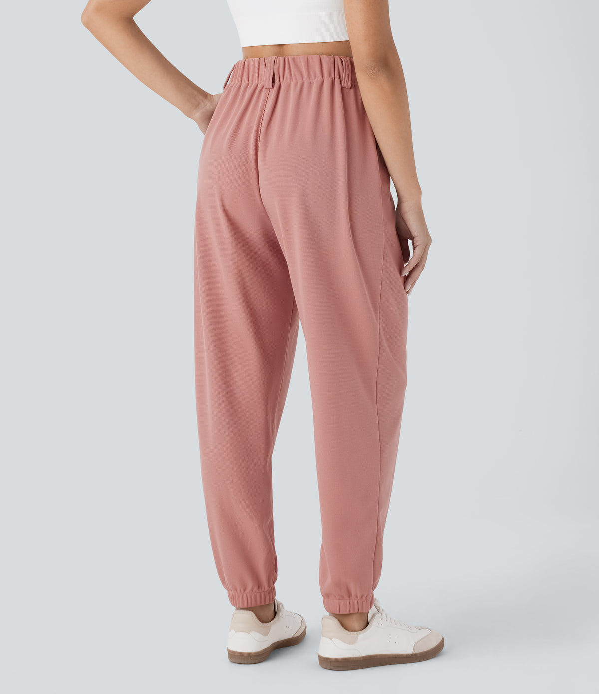 High Waisted Tapered Waffle Casual Joggers with Side Pocket — Rose Tan — view 2